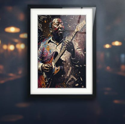 Framed wall art featuring a stylized portrait of Muddy waters playing an electric guitar, shown in a black frame with white matting against a light gray background.