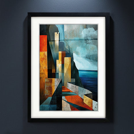 A framed abstract coastal landscape art print featuring geometric cliffs, stairways, and water in blue, teal, orange, and brown tones, presented in a black frame with a white mat on a light gray background.