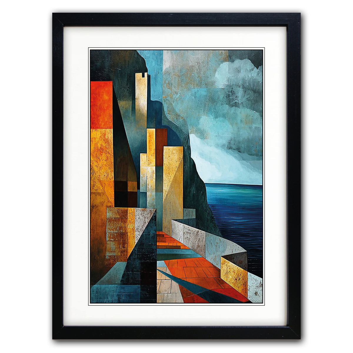 A framed abstract coastal landscape art print featuring geometric cliffs, stairways, and water in blue, teal, orange, and brown tones, presented in a black frame with a white mat on a light gray background.