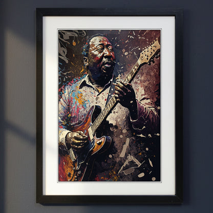Framed wall art featuring a stylized portrait of a man playing an electric guitar, shown hanging on a dark gray wall. The artwork uses expressive brushstrokes and paint splatter effects in dark brown, black, red, blue, and beige tones, with a white mat and a black frame.