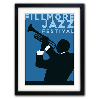 Framed art print featuring a stylized illustration of a trumpet player in a black silhouette against a blue background, with the text 'FILLMORE JAZZ FESTIVAL' in white. The print is matted with a white border and enclosed in a black frame.