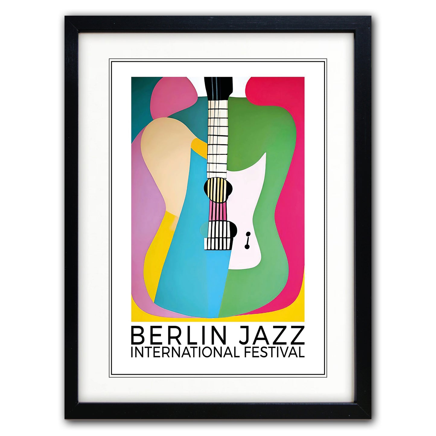 Framed poster print featuring a colorful abstract guitar illustration with the text 'BERLIN JAZZ INTERNATIONAL FESTIVAL' at the bottom, shown against a plain white background.