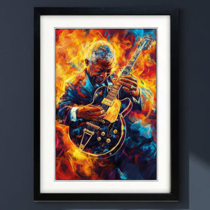 Framed wall art featuring a stylized, fiery portrait of a man playing an electric guitar, shown in a black frame with a white mat against a dark gray wall.