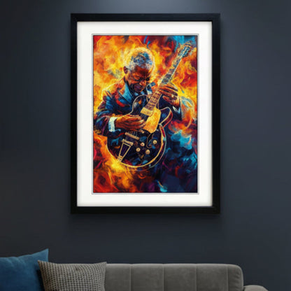 Framed wall art featuring a stylized, fiery portrait of B.B King an electric guitar, shown in a black frame with a white mat against a light Blue background.