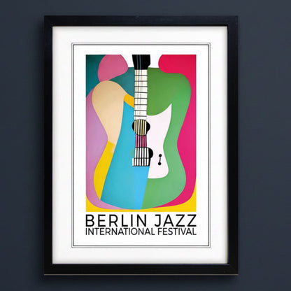 Framed poster print featuring a colorful abstract guitar illustration with the text 'BERLIN JAZZ INTERNATIONAL FESTIVAL' at the bottom, shown against a plain white background.