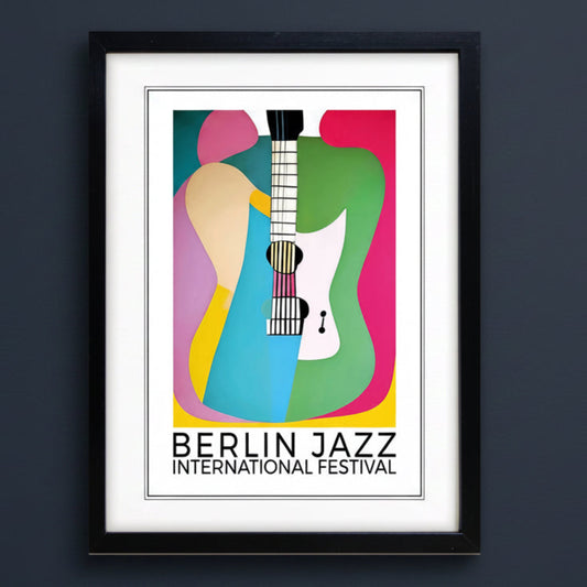 Framed poster print featuring a colorful abstract guitar illustration with the text 'BERLIN JAZZ INTERNATIONAL FESTIVAL' at the bottom, shown against a plain white background.