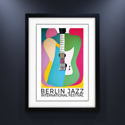 Framed poster print featuring a colorful abstract guitar illustration with the text 'BERLIN JAZZ INTERNATIONAL FESTIVAL' at the bottom, shown against a plain white background.
