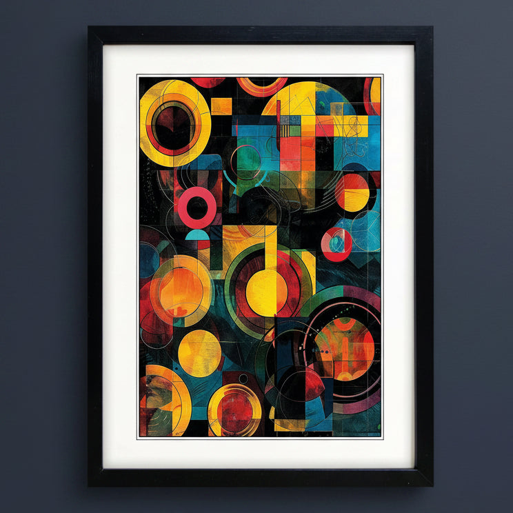 Framed abstract geometric art print featuring overlapping circles, squares, and angular shapes in yellow, orange, red, teal, green, and black, presented in a black frame with white matting against a light gray background.