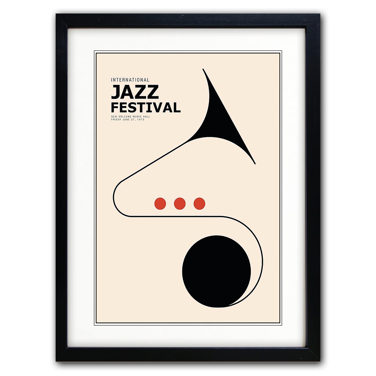 Framed minimalist jazz poster featuring a stylized tuba illustration with the text 'International Jazz Festival' on a cream background, enclosed in a black frame.