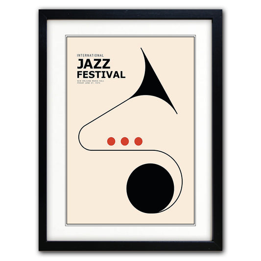 Framed minimalist jazz poster featuring a stylized tuba illustration with the text 'International Jazz Festival' on a cream background, enclosed in a black frame.