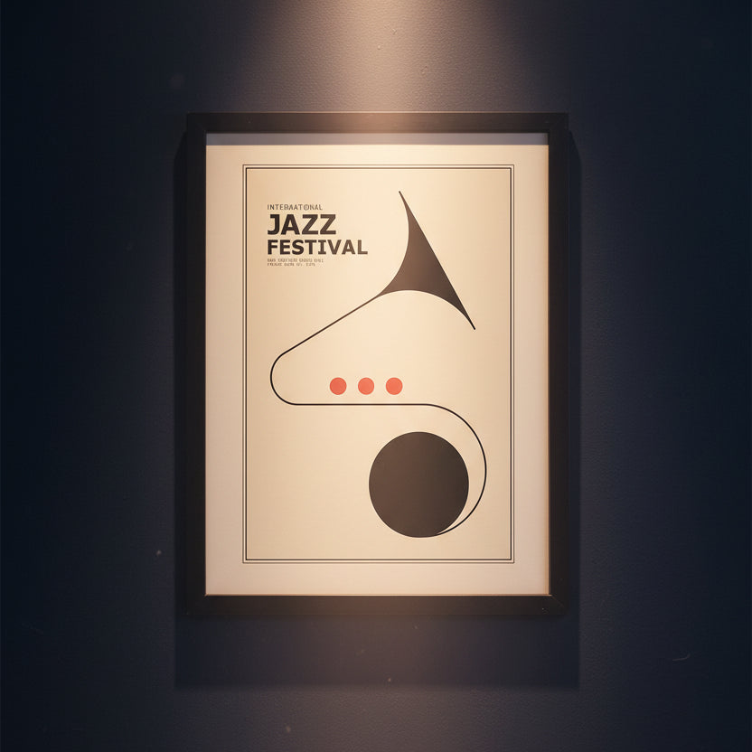 Framed minimalist jazz poster featuring a stylized tuba illustration with the text 'International Jazz Festival' on a cream background, enclosed in a black frame.