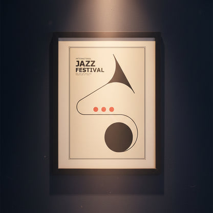 Framed minimalist jazz poster featuring a stylized tuba illustration with the text 'International Jazz Festival' on a cream background, enclosed in a black frame.