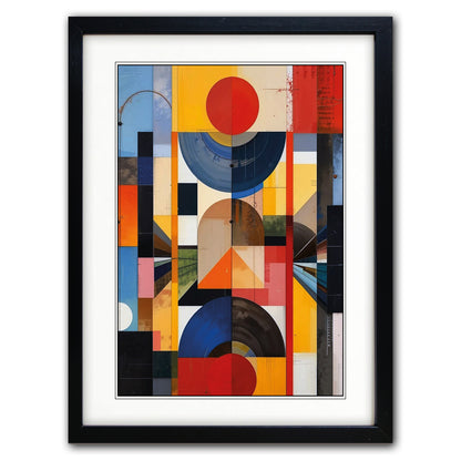 Framed abstract geometric art print featuring a colorful collage of circles, rectangles, and blocks in red, yellow, blue, black, and white, presented in a black frame with a white mat against a light gray background.