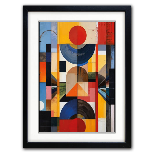 Framed abstract geometric art print featuring a colorful collage of circles, rectangles, and blocks in red, yellow, blue, black, and white, presented in a black frame with a white mat against a light gray background.