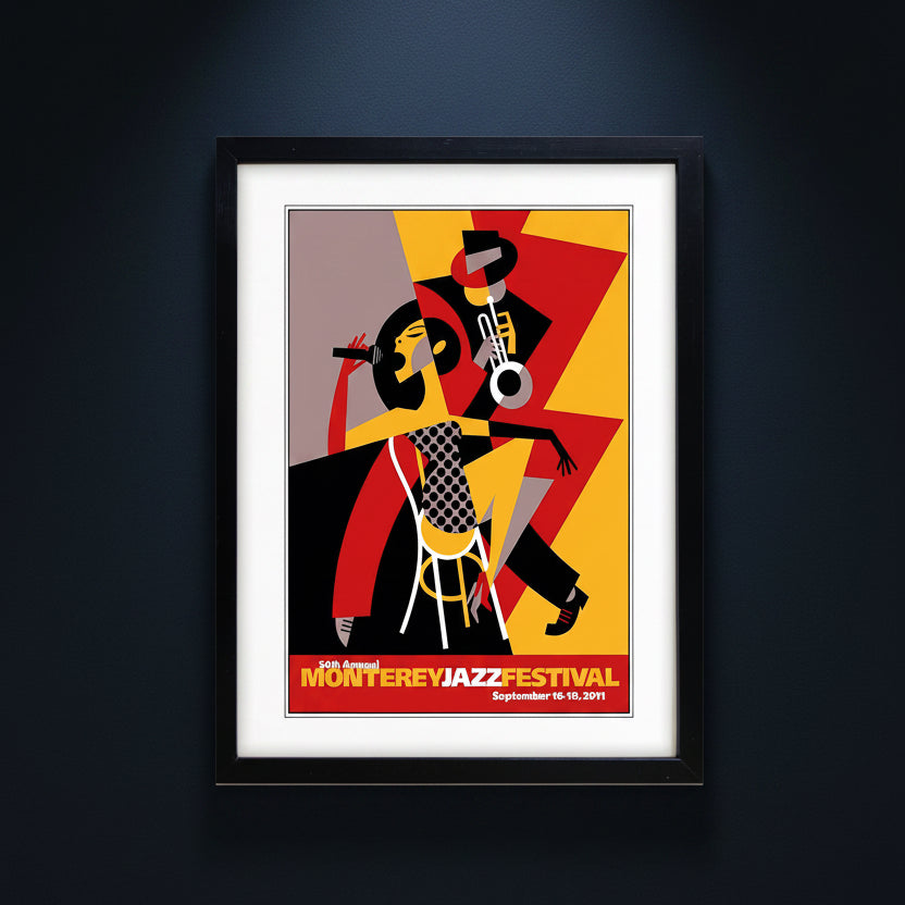Framed art print featuring a stylized jazz festival illustration with two musicians in bold geometric shapes. The print includes the text '54th Annual Monterey Jazz Festival September 16-18, 2011' at the bottom.