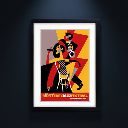 Framed art print featuring a stylized jazz festival illustration with two musicians in bold geometric shapes. The print includes the text '54th Annual Monterey Jazz Festival September 16-18, 2011' at the bottom.