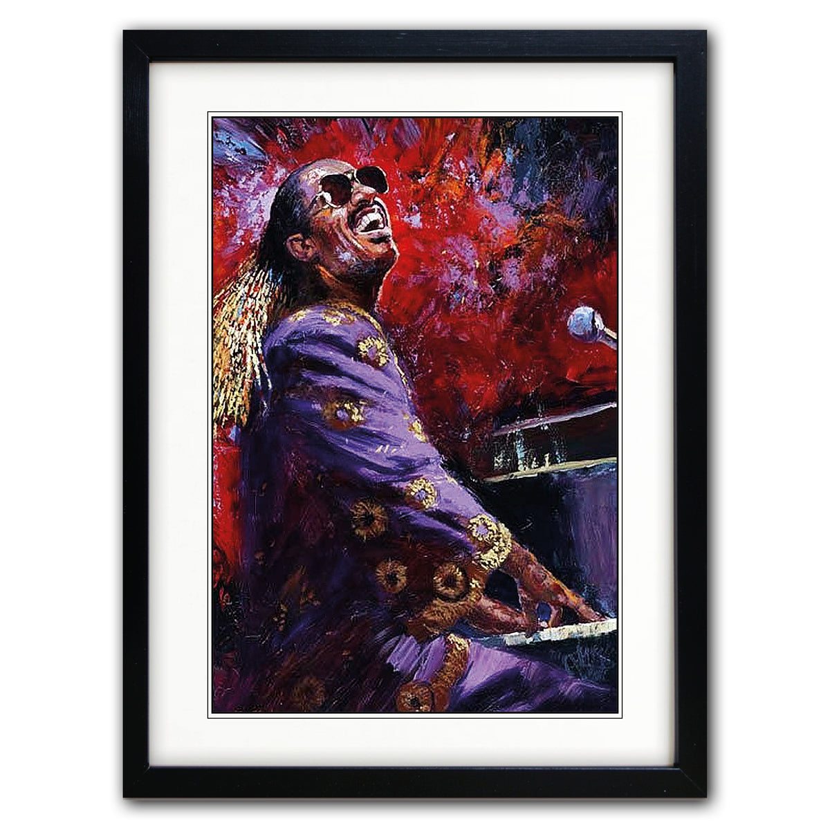 Framed canvas wall art featuring an expressive painting of Stevie Wonder, shown in a black framei n a white mount in a white wall.