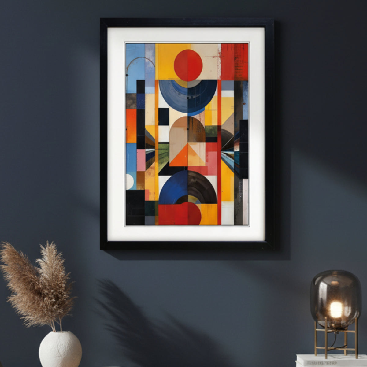 Framed abstract geometric art print featuring a colorful collage of circles, rectangles, and blocks in red, yellow, blue, black, and white, presented in a black frame with a white mat against a light gray background.