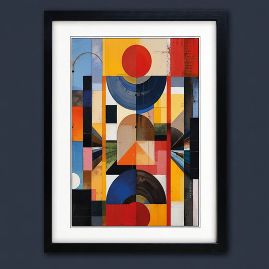 Framed abstract geometric art print featuring a colorful collage of circles, rectangles, and blocks in red, yellow, blue, black, and white, presented in a black frame with a white mat against a light gray background.