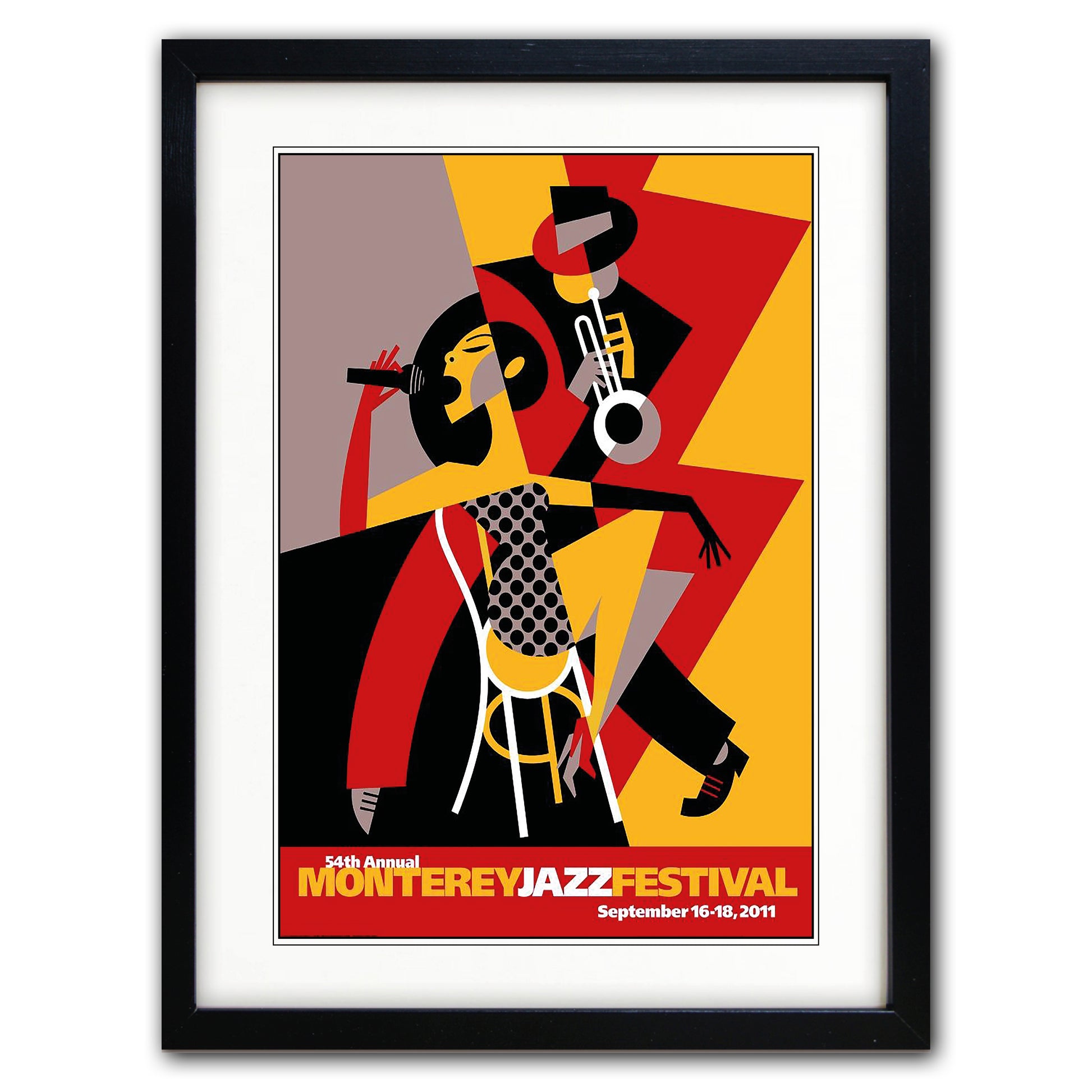 Framed art print featuring a stylized jazz festival illustration with two musicians in bold geometric shapes. The print includes the text '54th Annual Monterey Jazz Festival September 16-18, 2011' at the bottom.