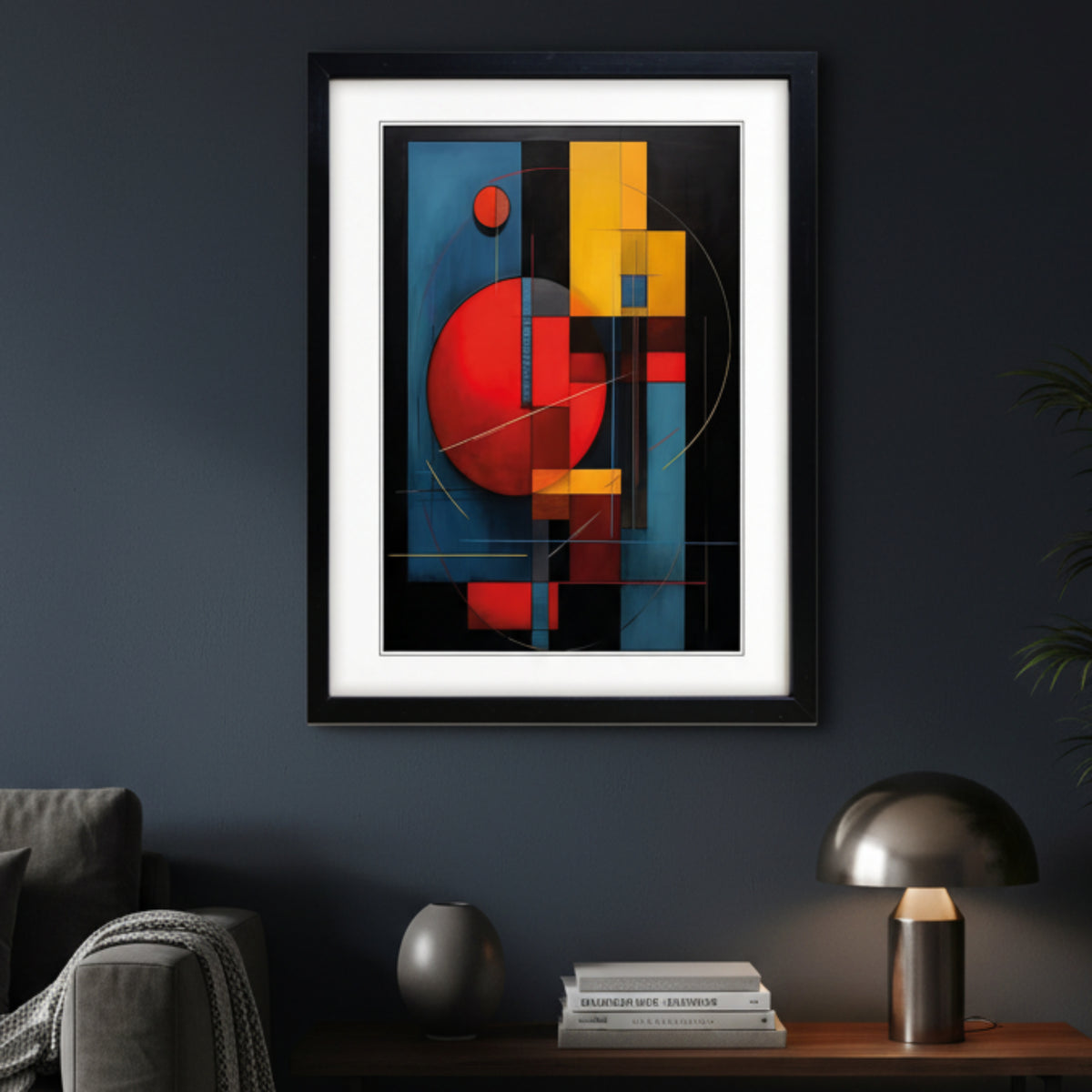 Framed abstract geometric wall art featuring bold red, yellow, and blue shapes on a black background, presented in a black frame with a white mat against a light gray backdrop.