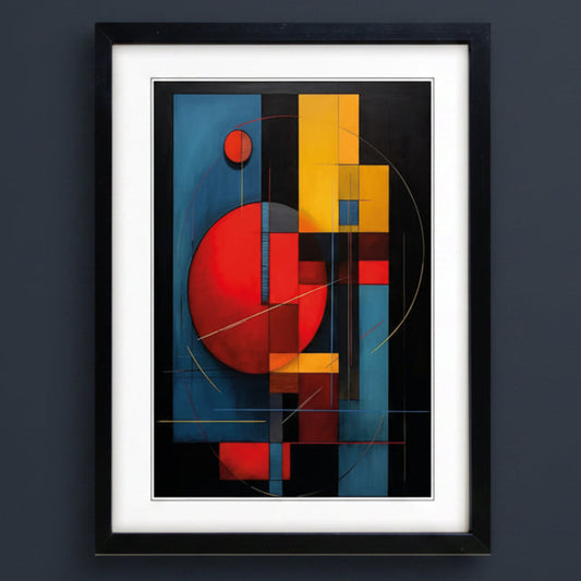 Framed abstract geometric wall art featuring bold red, yellow, and blue shapes on a black background, presented in a black frame with a white mat against a light gray backdrop.