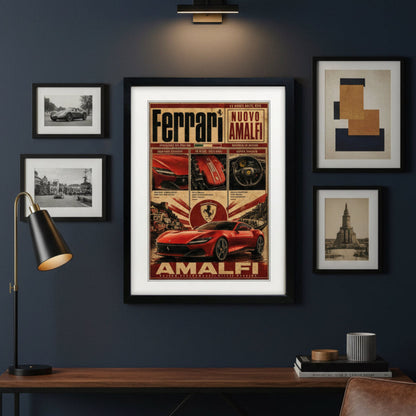 A framed vintage-style Ferrari poster featuring a red Ferrari car, the Ferrari logo, and Italian text, displayed against a white background with a black frame.