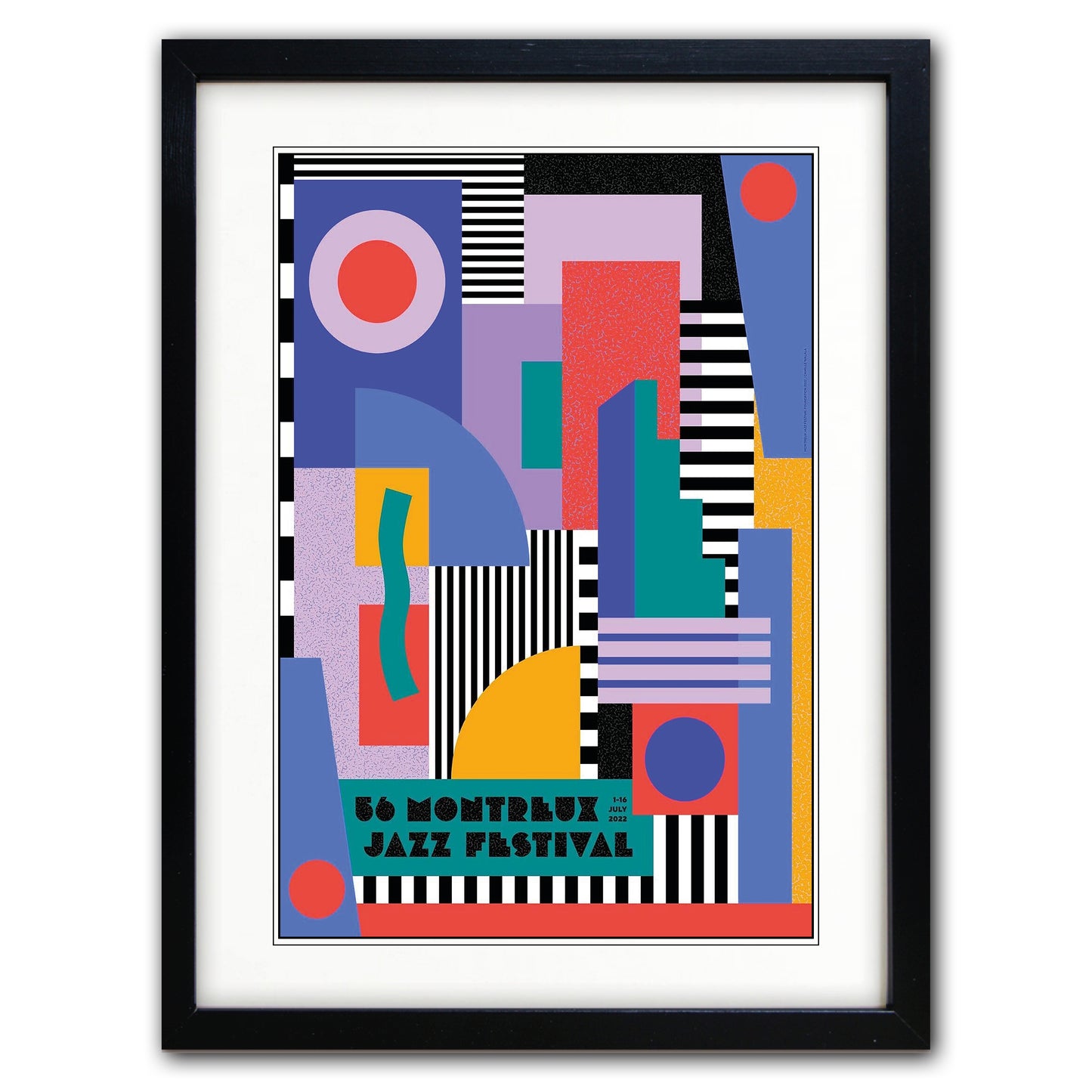 Framed abstract art print featuring a colorful geometric design with the text '66 MONTREUX JAZZ FESTIVAL' at the bottom, shown in a black frame against a white background.