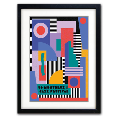 Framed abstract art print featuring a colorful geometric design with the text '66 MONTREUX JAZZ FESTIVAL' at the bottom, shown in a black frame against a white background.