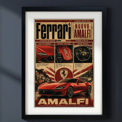 A framed vintage-style Ferrari poster featuring a red Ferrari car, the Ferrari logo, and Italian text, displayed against a white background with a black frame.