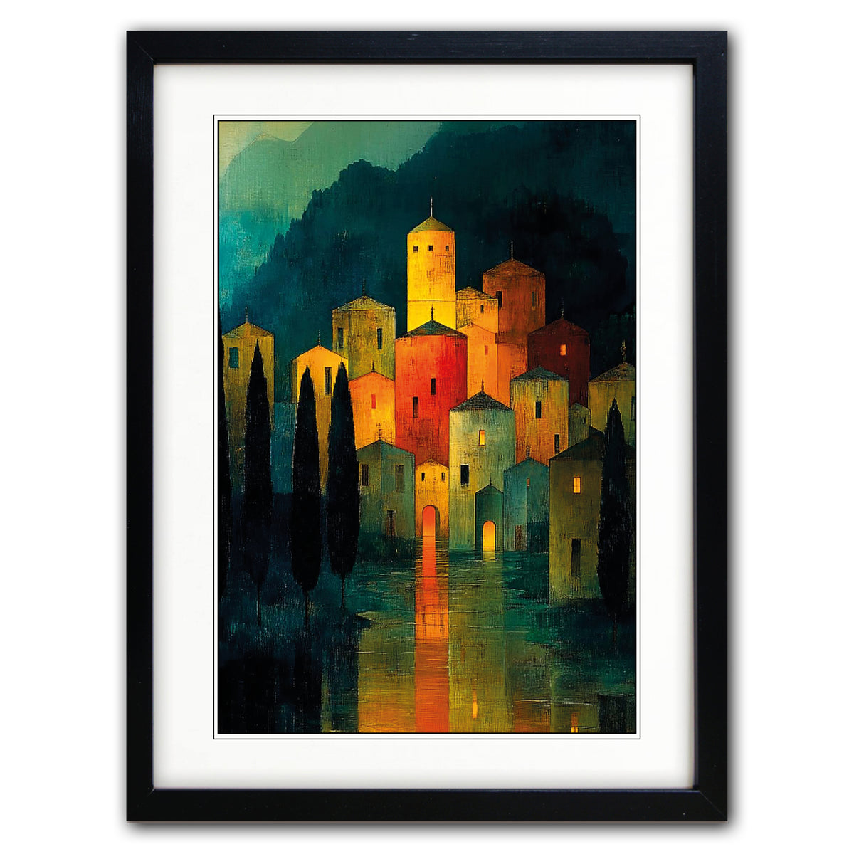 Framed art print featuring a stylized village scene at night with glowing yellow and orange buildings, dark trees, and reflections in water, presented in a black frame with white matting.