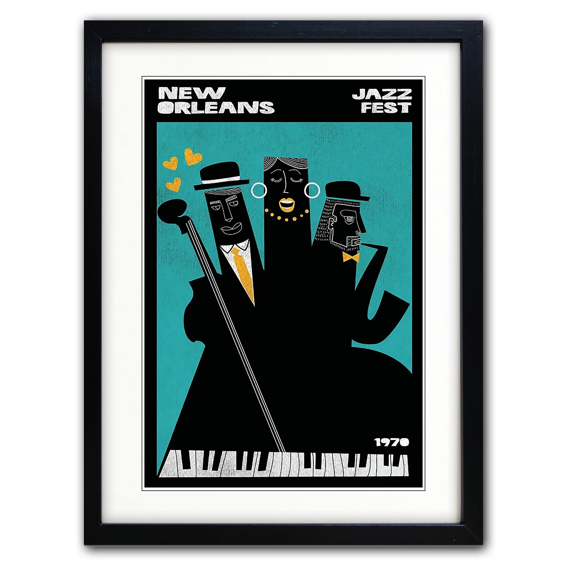 Framed art print featuring a stylized New Orleans Jazz Fest illustration with three black silhouetted figures against a teal background, shown in a black frame with white matting.