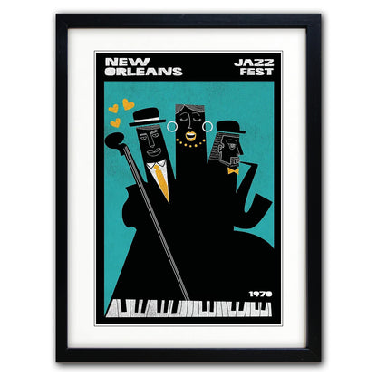 Framed art print featuring a stylized New Orleans Jazz Fest illustration with three black silhouetted figures against a teal background, shown in a black frame with white matting.