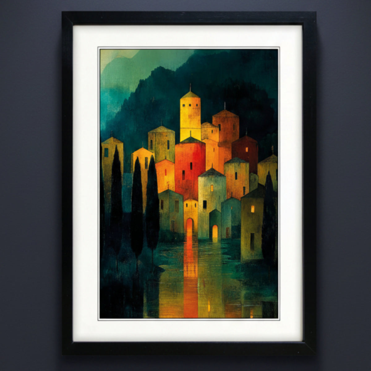 Framed art print featuring a stylized village scene at night with glowing yellow and orange buildings, dark trees, and reflections in water, presented in a black frame with white matting.