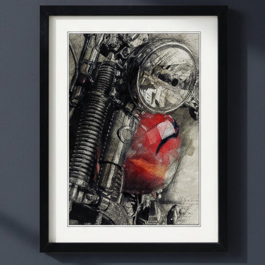 Framed wall art featuring a close-up sketch and painted motorcycle scene with a prominent red fuel tank, shown against a dark gray wall.