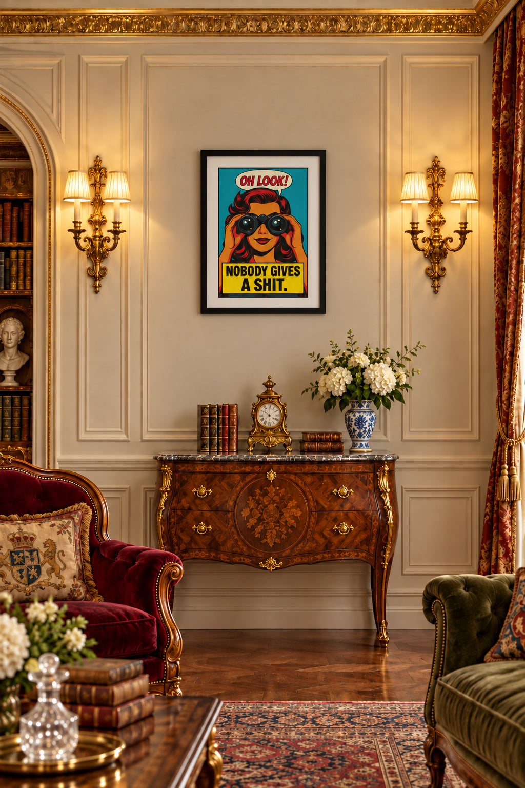 Framed pop art print featuring a retro-style illustration of a woman with red hair holding binoculars, with speech bubbles reading 'OH LOOK!' and 'NOBODY GIVES A SHIT.' on a turquoise background, shown in a black frame with white matting.