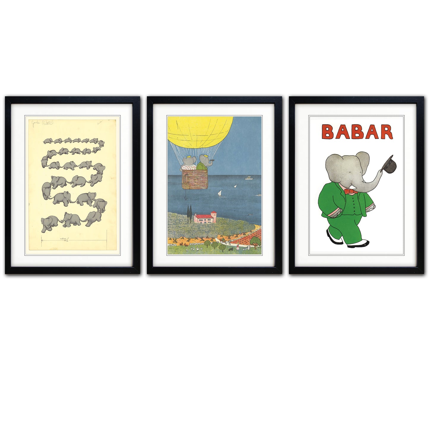 Babar the Elephant A3 Luxury Satin Art Prints | Collection of 3 | Classic Children's Gift