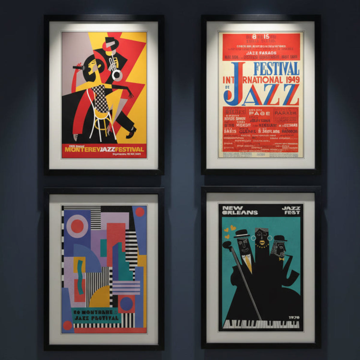 Four framed jazz-themed art prints arranged in a 2x2 grid. The prints feature bold retro designs with black, red, yellow, blue, and white elements, including stylized figures, text like 'Montrey Jazz Festival' and 'New Orleans Jazz Fest,' and geometric patterns.