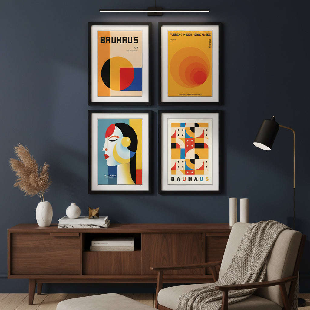 Set of four framed Bauhaus art prints arranged in a 2x2 grid on a white background. Each print features a different abstract geometric design in the classic Bauhaus style, with black frames and white mats.