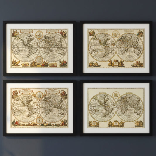 Four framed vintage world maps arranged in a 2x2 grid on a dark gray wall. Each map features an antique double-hemisphere world design with cream backgrounds, detailed sepia linework, and small decorative illustrations, enclosed in black frames with white matting.