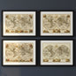 Four framed vintage world maps arranged in a 2x2 grid on a dark gray wall. Each map features an antique double-hemisphere world design with cream backgrounds, detailed sepia linework, and small decorative illustrations, enclosed in black frames with white matting.
