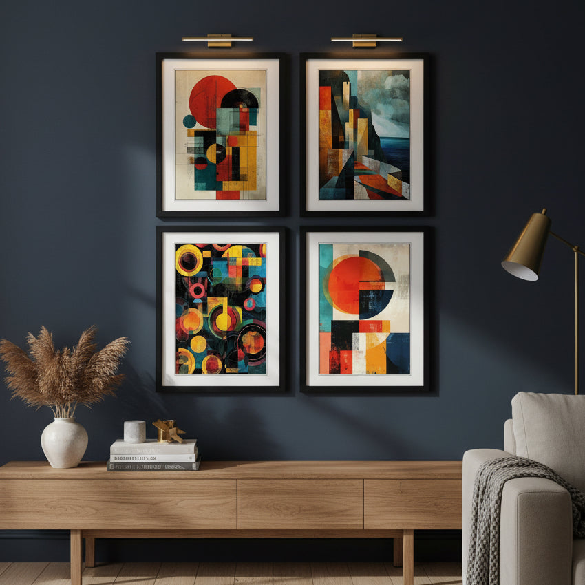Set of four framed abstract and geometric wall art prints arranged in a 2x2 grid. The prints feature bold shapes and colors including red, yellow, blue, black, and beige, with two prints showing abstract compositions and two showing a coastal landscape scene.