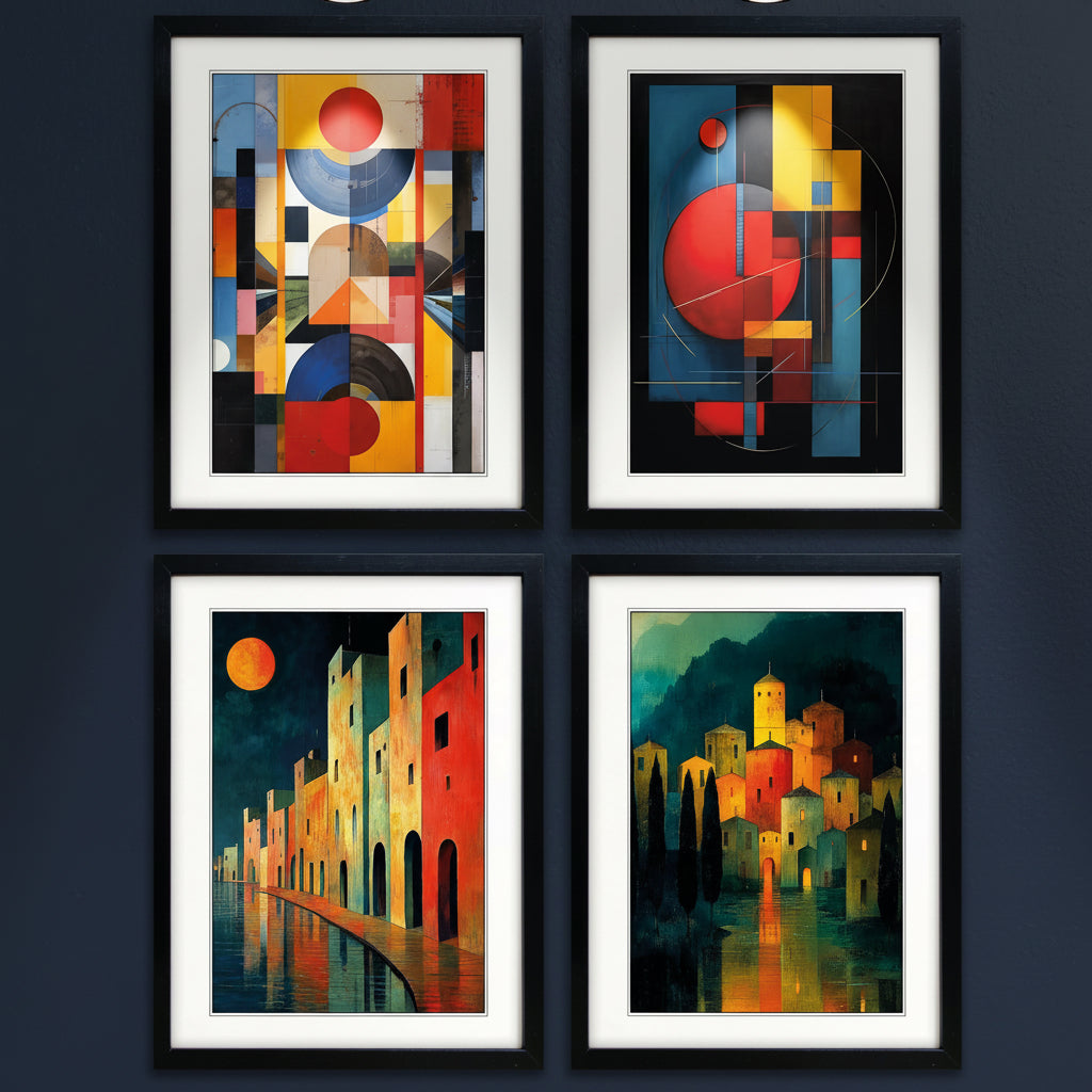 Set of four framed abstract and architectural art prints arranged in a 2x2 grid. The prints feature a mix of geometric shapes, circles, and stylized building silhouettes in vibrant colors like red, yellow, blue, and orange, set in black frames with white matting.