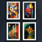Set of four framed abstract and architectural art prints arranged in a 2x2 grid. The prints feature a mix of geometric shapes, circles, and stylized building silhouettes in vibrant colors like red, yellow, blue, and orange, set in black frames with white matting.