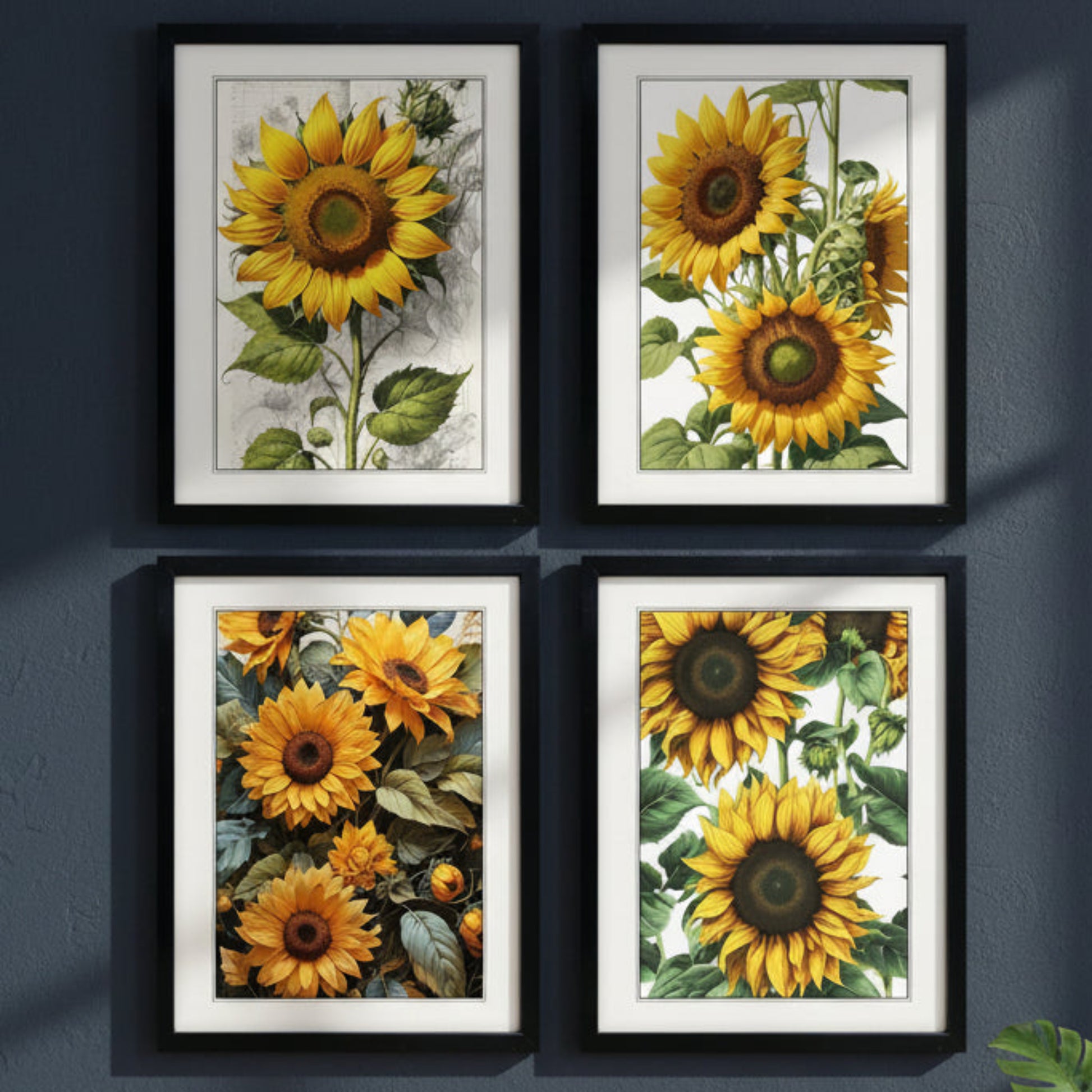 Set of four framed botanical prints featuring yellow sunflowers with green leaves, arranged in a 2x2 grid. Each print is housed in a black frame with a white mat, set against a solid white background.