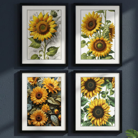 Set of four framed botanical prints featuring yellow sunflowers with green leaves, arranged in a 2x2 grid. Each print is housed in a black frame with a white mat, set against a solid white background.