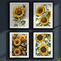 Set of four framed botanical prints featuring yellow sunflowers with green leaves, arranged in a 2x2 grid. Each print is housed in a black frame with a white mat, set against a solid white background.