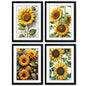 Set of four framed botanical prints featuring yellow sunflowers with green leaves, arranged in a 2x2 grid. Each print is housed in a black frame with a white mat, set against a solid white background.