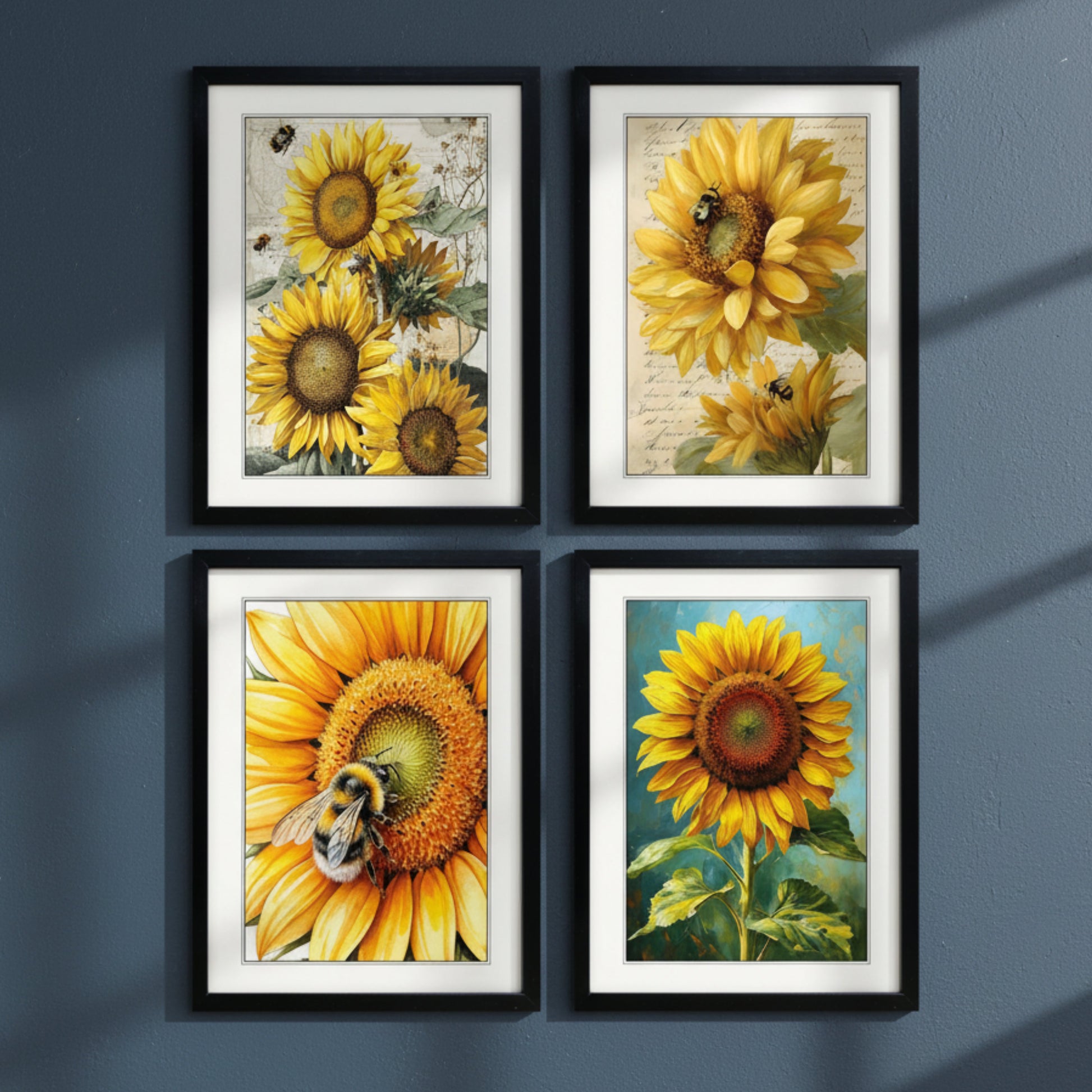 Set of four framed art prints featuring detailed illustrations of sunflowers and bees, arranged in a 2x2 grid on a white background.