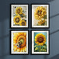 Set of four framed art prints featuring detailed illustrations of sunflowers and bees, arranged in a 2x2 grid on a white background.